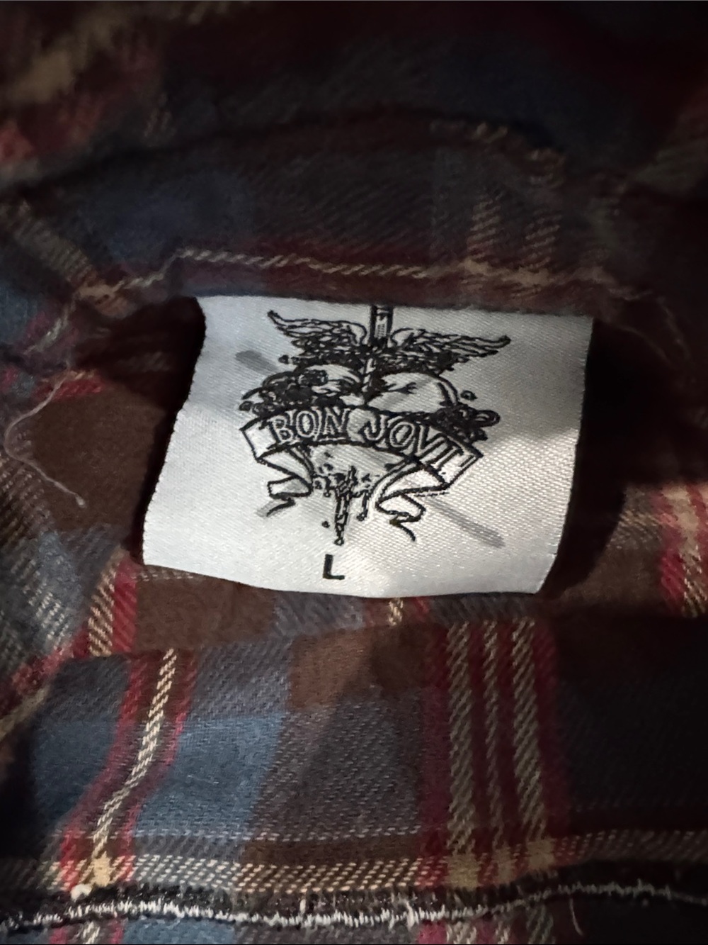 Plaid Button-Down Shirt in Red and Navy with Graphic Back Patch - Picture 2 of 7